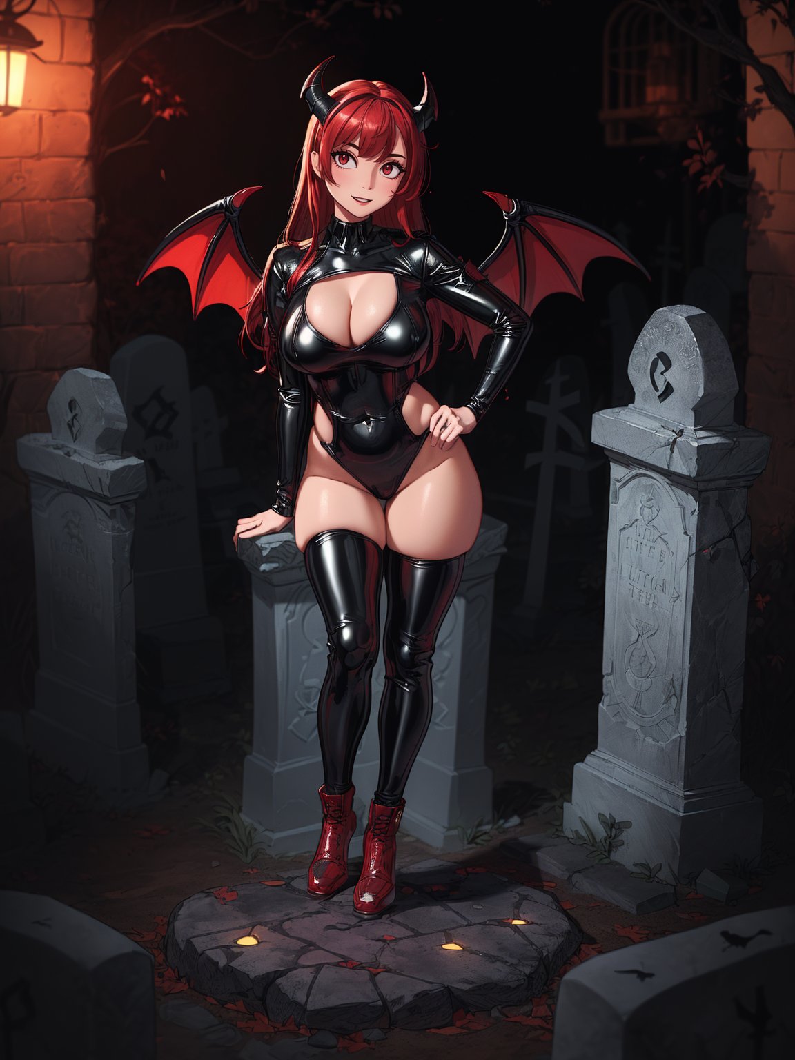 {((1vampire woman with black horns))}, {((wearing erotic clothing made of black latex with red parts, extremely tight and tight on the body,)), ((she has large bat wings)), (((absurdly large and firm breasts)), ((looking at the viewer, messy red hair with bangs)), she is ((posing sensually, [leaning against a portal of bars|leaning against a tombstone|sitting on a high tombstone]:1.3)), ((in a cemetery, it's daytime, strong sunlight, light fixtures stuck in stones from faded tombstones)), (((full body))), 16k, UHD, ((Better quality, better resolution, better detail))