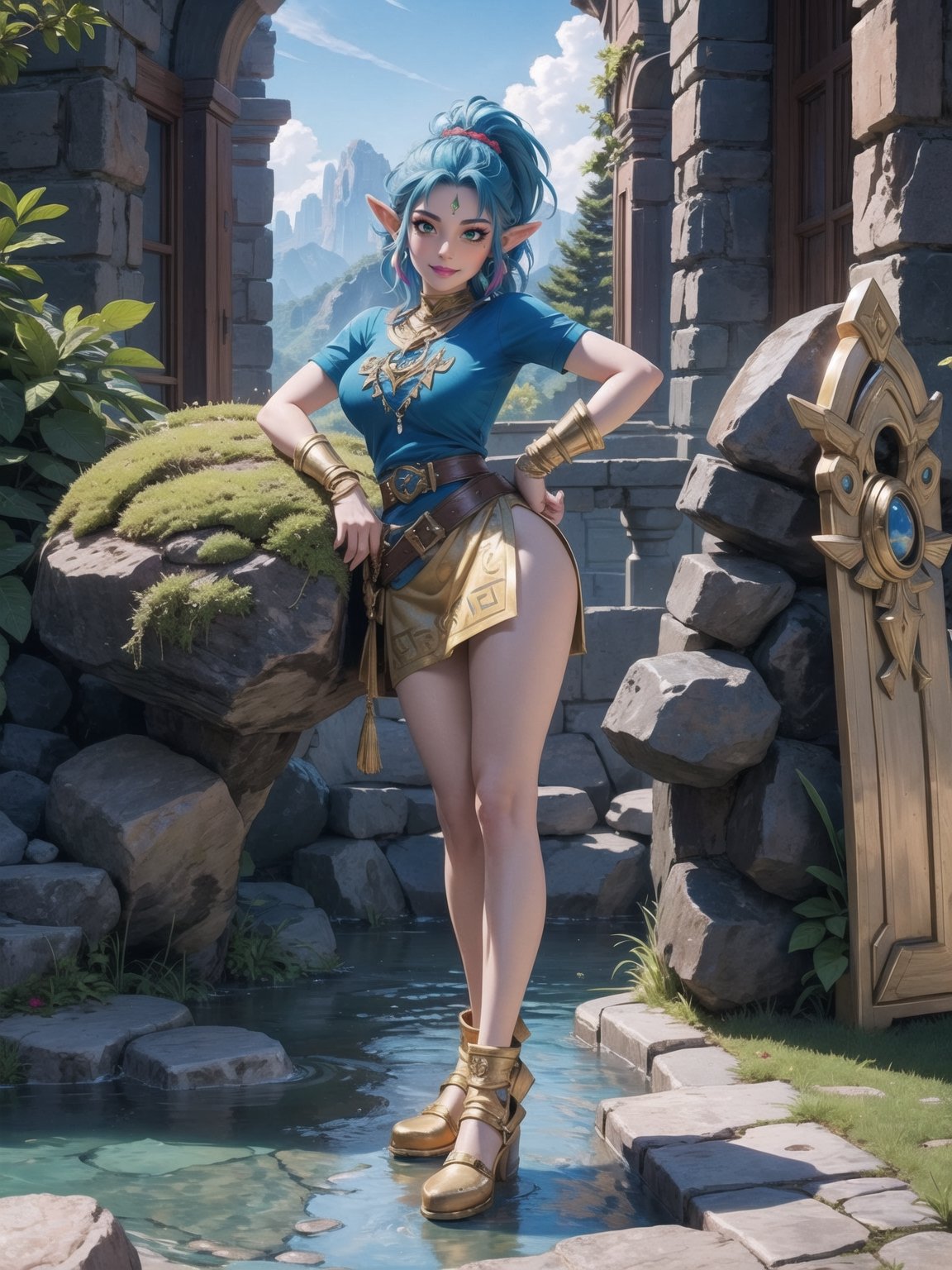 Solo woman, blue T-shirt with Golden parts, short white skirt with Golden props, ((Hyrule warrior costume)), gigantic breasts, mohawk hair, blue hair, messy hair, hair with ponytail, looking directly at the viewer, she is, on a mountain, with many monsters, robots, large ancient machines, many stones, 1water, large pillars, stone altars, zelda tears of the kingdom, 16K, UHD, best possible quality, ultra detailed, best possible resolution, Unreal Engine 5, professional photography, she is, (((iInteracting and leaning on anything+object+on something+leaning against+sensual pose))), better_hands, ((full body)), More detail