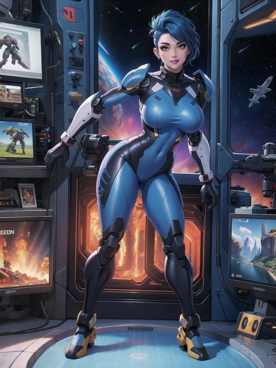 a woman, wearing an all-white mecha suit with blue parts+cybernetic armor+robotic suit, gigantic breasts, wearing a helmet on her head with a visor, blue hair, short hair, mohawk hair, hair with bangs in front of her eyes, ((((looking directly at the viewer, sensual pose + Interacting + leaning on anything + object + leaning against)))), in a space aircraft, with many machines, large structures, computers, windows, elevators, light pipes, robots, 16K, UHD, (full body:1.5), unreal engine 5, super metroid, mecha, quality max, max resolution, ultra-realistic, ultra-detailed, maximum sharpness, perfect_hands, better_hands, more detail,