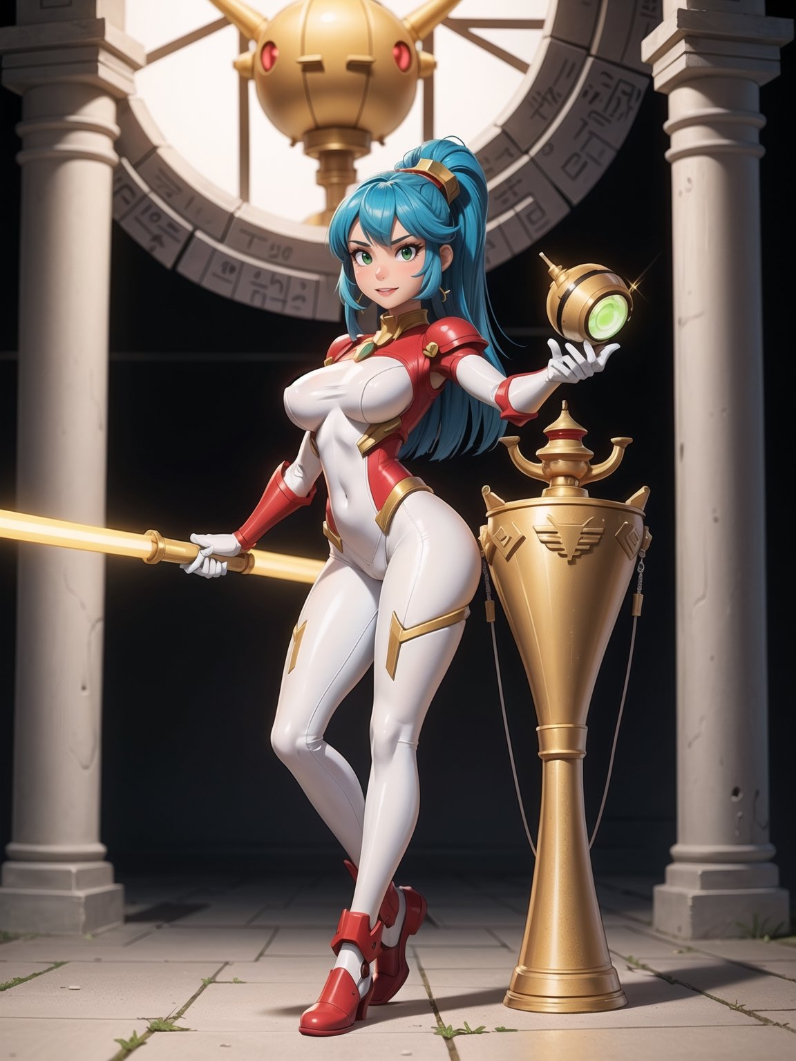 A woman, wearing mecha suit+mecha armor+robotic armor, white suit with parts in red+lights, very tight and tight suit on the body, gigantic breasts, short hair, blue hair, C hair fastened with fastener, hair with bangs in front of eyes, lizo hair, (((looking at the viewer, sensual pose+Interacting+leaning on anything+object+leaning against))) in an Egyptian temple+super metroid, with large structures, technological altars, mechanical structures, 16k, UHD, Unreal Engine 5, quality max, max resolution, ultra-realistic, ultra-detailed, maximum sharpness, ((perfect_hands, perfect_legs)), Goodhands-beta2, ((ancient Egypt+mecha+super_metroid_style)), ((full body))