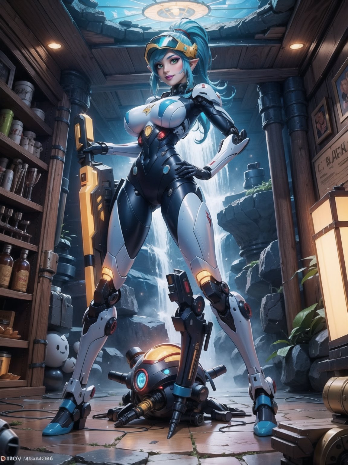 Solo female, ((wearing mecha suit+robotic suit completely white, with blue parts, more yellow lights, suit with attached weapons, gigantic breasts, wearing cybernetic helmet with visor)), mohawk hair, blue hair, messy hair, hair with ponytail, looking directly at the viewer, she is, in a dungeon, with a waterfall, large stone altars, stone structures, machines, robots, large altars of ancient gods, figurines, super metroid, ultra technological, zelda, final fantasy, 16k, UHD, best possible quality, ultra detailed, best possible resolution, Unreal Engine 5, professional photography, ela está, ((Sensual pose with interaction and leaning on anything+object+on something+leaning against)), better_hands , ((full body)), More detail