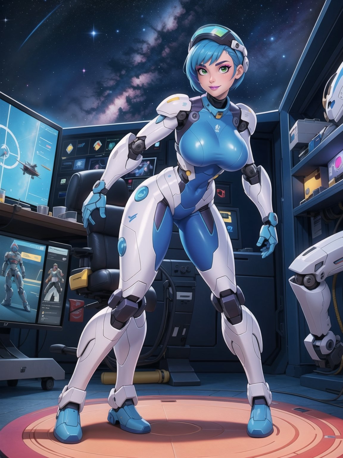 a woman, wearing an all-white mecha suit with blue parts+cybernetic armor+robotic suit, gigantic breasts, wearing a helmet on her head with a visor, blue hair, short hair, mohawk hair, hair with bangs in front of her eyes, looking directly at the viewer, in a space aircraft, with many machines, large structures, computers, windows, elevators, light pipes, robots, ((sensual pose with interaction and leaning on + object+on something + leaning against):1.3), 16K, UHD, unreal engine 5, super metroid, (full body:1.5), quality max, max resolution, ultra-realistic, ultra-detailed, maximum sharpness, perfect_hands, better_hands, more detail,