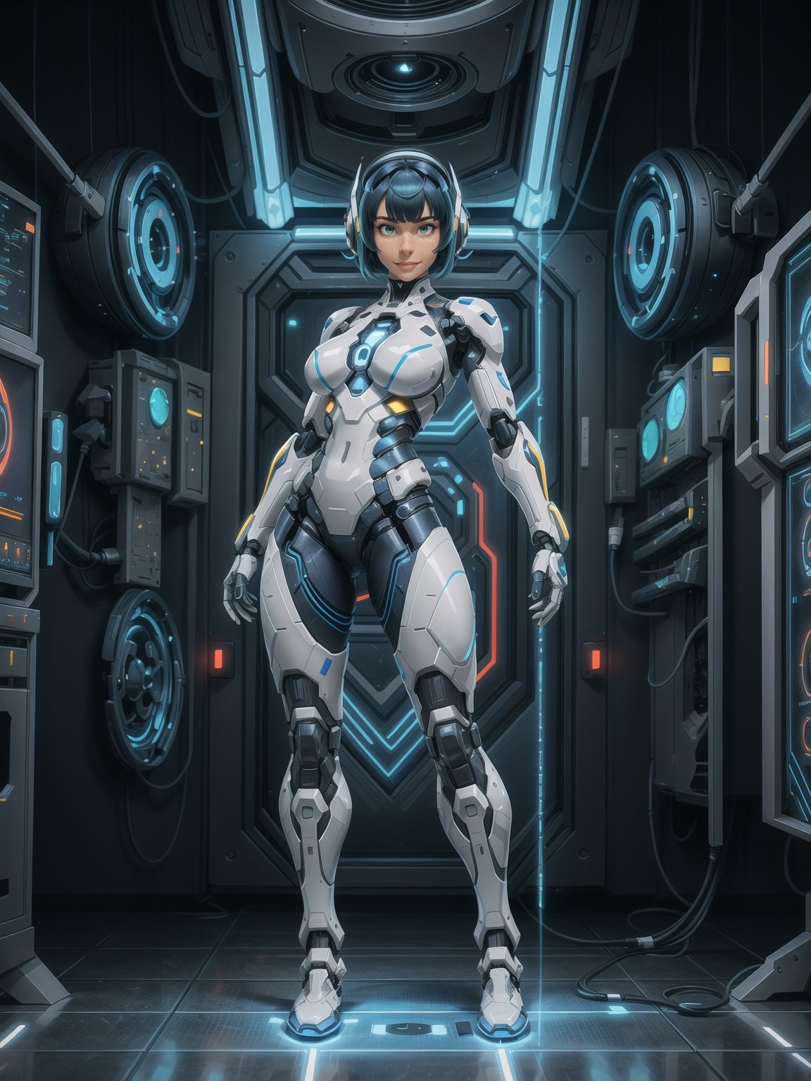 A woman, wearing mecha suit+robotic suit+cybernetizo suit, white+parts in blue+yellow lights, very tight costume on the body, ((gigantic breasts)), blue hair, very short hair, hair with bangs in front of the eyes, is looking at the viewer, ((((action pose with interaction and leaning on anything+object+leaning against)))) in an dungeon, with futuristic machines, computers on the walls, control panels, teleportation with interdimensional portal, slimes, aliens with cybernetic armor, ((full body):1.5), 16k, UHD, maximum quality, maximum resolution, ultra-realistic, ultra-detailed, ((perfect_hands):1) , Furtastic_Detailer, Goodhands-beta2,