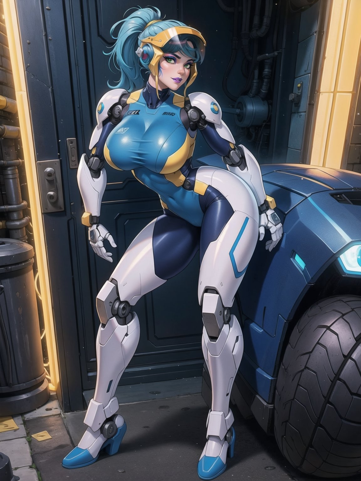 Solo woman, ((wearing mecha suit+all-white robotic suit, with parts in blue, plus yellow lights, suit with attached armaments, gigantic breasts, wearing cybernetic helmet with visor)), mohawk hair, blue hair, messy hair, ponytail hair, looking directly at the viewer, she is, on a mountain, with many monsters, robots, large ancient machines, many stones, 1water, large pillars, stone altars, zelda, super metroid, ultra technological, 16K, UHD, best possible quality, ultra detailed, best possible resolution, Unreal Engine 5, professional photography, she is, (((iInteracting and leaning on anything+object+on something+leaning against+sensual pose)))+better_hands, ((full body)), More detail