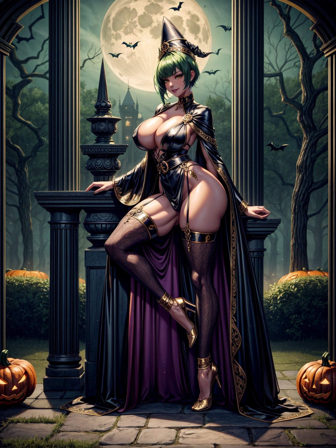1woman, wearing black witch outfit with golden bands, extremely tight and erotic clothing, absurdly giant breasts, green hair, mohawk hair, extremely short hair, hair with bangs in front of the eyes, black witch hat on the head, looking at the viewer, (((erotic pose interacting and leaning on something))), in an ancient castle with large pillars,  furniture, figurines, window showing the forest at night with a beautiful full moon at the top right, ((full body):1.5), ((Halloween party)), 16k, UHD, best possible quality, ((ultra detailed):1), best possible resolution, Unreal Engine 5, professional photography, perfect_hands