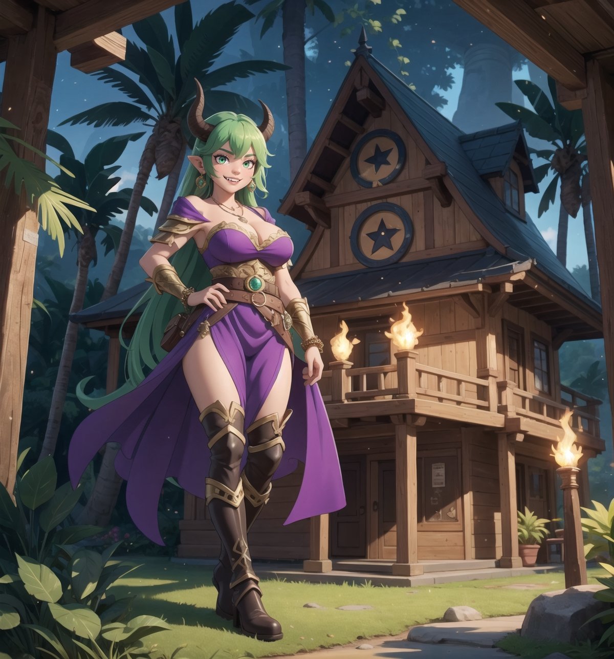 Image in 8K resolution with Fantasy, Concept Art, Illustration, and Magic Realism styles. | Jane, a 34-year-old demon woman, is positioned in a tropical tropical tropical forest at night. She wears a feminine demonic warrior outfit, consisting of black and purple armor with gold details, tall boots, and gloves. Her green hair is in a short cut with a large bang, while her green eyes look happily, revealing a smile that shows her sharp teeth. She also has accessories such as a belt with bags, a necklace with a star-shaped pendant, bracelets with spikes, and earrings in the shape of horns. | The composition of the image highlights Jane's imposing figure and the architectural elements of the forest, such as wooden structures, rock formations, metal structures, trees with houses at the top, suspended bridges, stone sculptures in the shape of animals, and lit torches. The luminescent plants create dramatic shadows and emphasize the details of the scene. | The soft and mysterious lighting effects create an enchanting and supernatural atmosphere, while rough and detailed textures on the armor, accessories, and architectural elements add realism to the image. | A cheerful and mysterious scene of Jane, a demon woman in a tropical tropical tropical forest, blending elements of fantasy, concept art, and magic realism. | (((((The image reveals a full-body_shot as she assumes a relaxed_pose, engagingly leaning against a structure within the scene in an relaxed manner. She takes on a relaxed_pose as she interacts, boldly leaning on a structure, leaning back in an relaxed way))))) | ((perfect anatomy, perfect body, perfect_pose)), ((full-body_shot)), ((perfect fingers, better hands, perfect hands, perfect legs, perfect feet)), ((perfect design)), ((correct errors):1.2), ((perfect composition)), ((very detailed scene, very detailed background, correct imperfections, perfect layout):1.2), ((More Detail, Enhance))