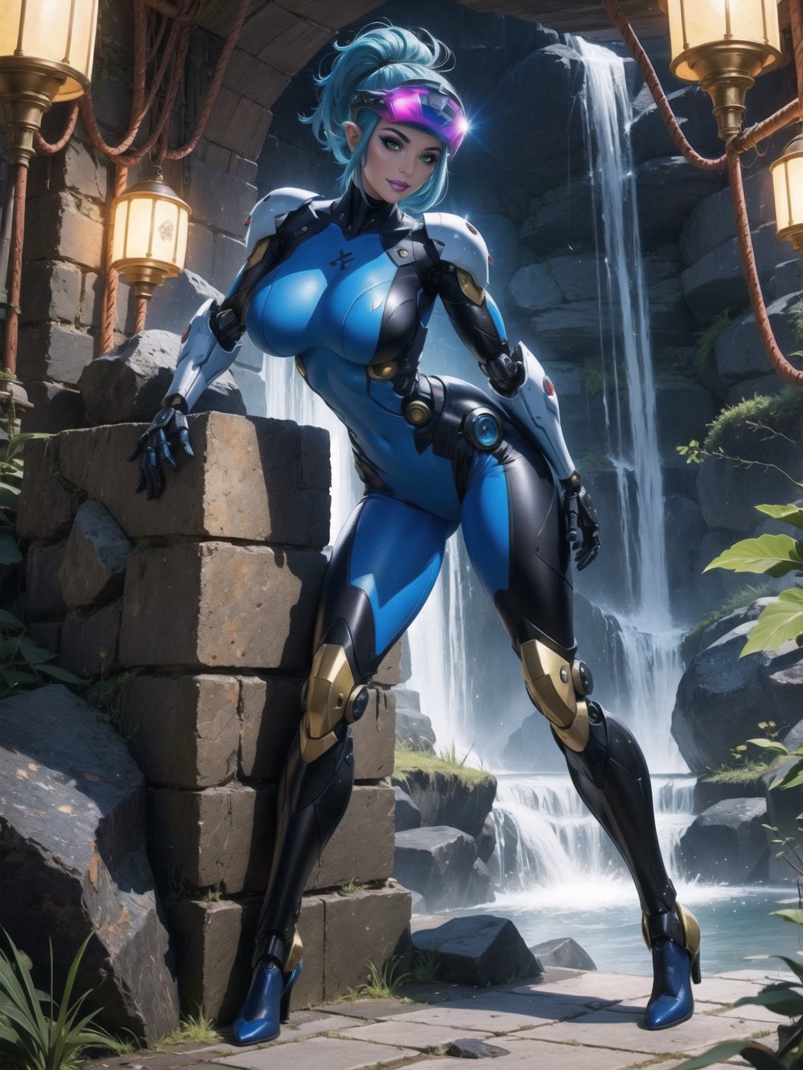 Solo female, ((wearing mecha suit+robotic suit completely white, with blue parts, more yellow lights, suit with attached weapons, gigantic breasts, wearing cybernetic helmet with visor)), mohawk hair, blue hair, messy hair, hair with ponytail, looking directly at the viewer, she is, in a dungeon, with a waterfall, large stone altars, stone structures, machines, robots, large altars of ancient gods, figurines, Super Metroid, ultra technological, Zelda, Final Fantasy, worldofwarcraft, UHD, best possible quality, ultra detailed, best possible resolution, Unreal Engine 5, professional photography, she is ((sensual pose with interaction and leaning on anything+object+on something+leaning against)), better_hands, (full body), More detail
