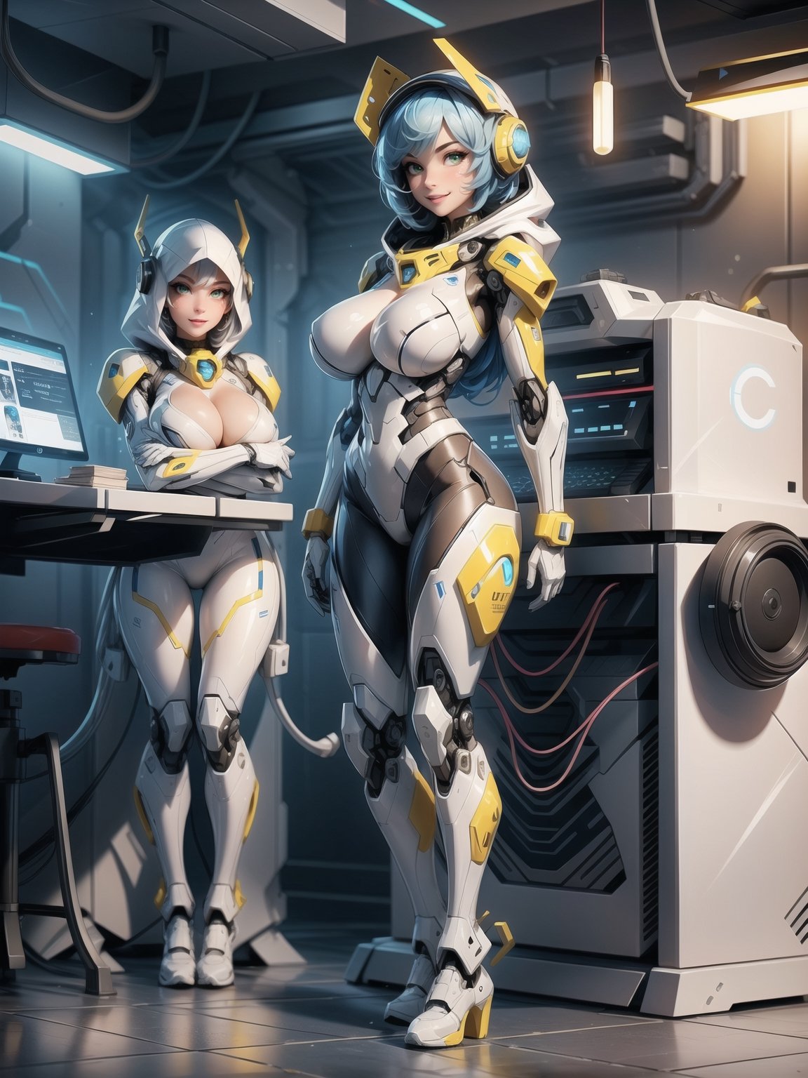 A woman, wearing mecha suit+robotic suit+cyber suit, white+parts in blue+yellow lights, costume very tight on the body, ((gigantic breasts, hood on the head)), blue hair, very short hair, hair with bangs in front of the eyes, is looking at the viewer, (((sensual pose with interaction and leaning on anything+object+leaning against))) in an alien dungeon, with futuristic machines, computers on the walls, control panels, teleportation with portal interdimensional, slimes, aliens with cybernetic armor, ((full body):1.5), 16K, UHD, maximum quality, maximum resolution, ultra-realistic, ultra-detailed, ((perfect_hands):1), Furtastic_Detailer,Goodhands-beta2