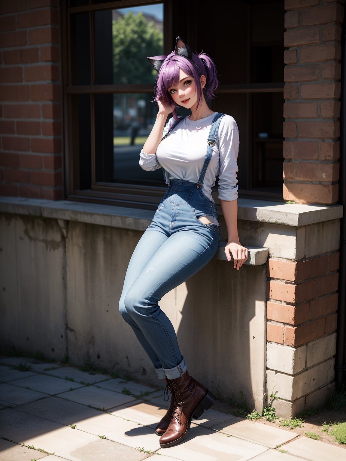 A woman, wearing blue jeans overalls, white t-shirt, leather boots, tight clothes, gigantic breasts, purple hair, short hair with a ponytail, ((cat ears on her head)), looking at the viewer, ((posing with interaction and leaning on [something|an object])), in front of a brick house with a chair, structures, mailbox, it's daytime, ((full body):1.5), 16k, UHD, best possible quality, ultra detailed, best possible resolution, Unreal Engine 5, professional photography, hand and fingers well done, well-structured fingers and hands, well-detailed fingers, well-detailed hand, perfect_hands, perfect, ((cat woman))