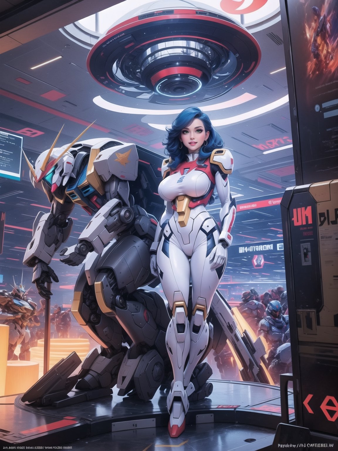 Solo woman, wearing mecha suit+cybernetic armor+gundam suit, all white with parts in blue, gigantic breasts, mohawk hair, blue hair, messy hair, looking directly at the viewer, she is, in an alien airport, with many machines, many aliens, many people transiting, glass table, chair, luggage carts, ((gundam, futuristic, ultra-technological, alien)), 16K, UHD, best possible quality, ultra detailed, best possible resolution, Unreal Engine 5, professional photography, she is, (((Sensual pose with interaction and leaning on anything+object+on something+leaning against))), better_hands, More detail, ((full body)),