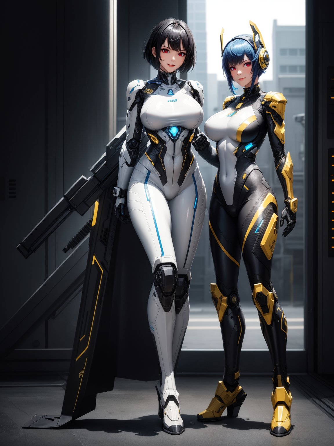 1cybernetic warrior woman, black cybernetic armor with gold parts+white mecha suit, tight suit on the body, gigantic breasts, bright blue hair, short hair, hair with bangs in front of the eyes, helmet on the head, looking at the viewer, (((erotic pose interacting and leaning [on something in the environment|on an object]))), in a secret location with several machines,  computers, robots, vehicles, windows, ((full body):1.5), 16k, UHD, best possible quality, ultra detailed, best possible resolution, Unreal Engine 5, professional photography, well-detailed fingers, well-detailed hand, perfect_hands