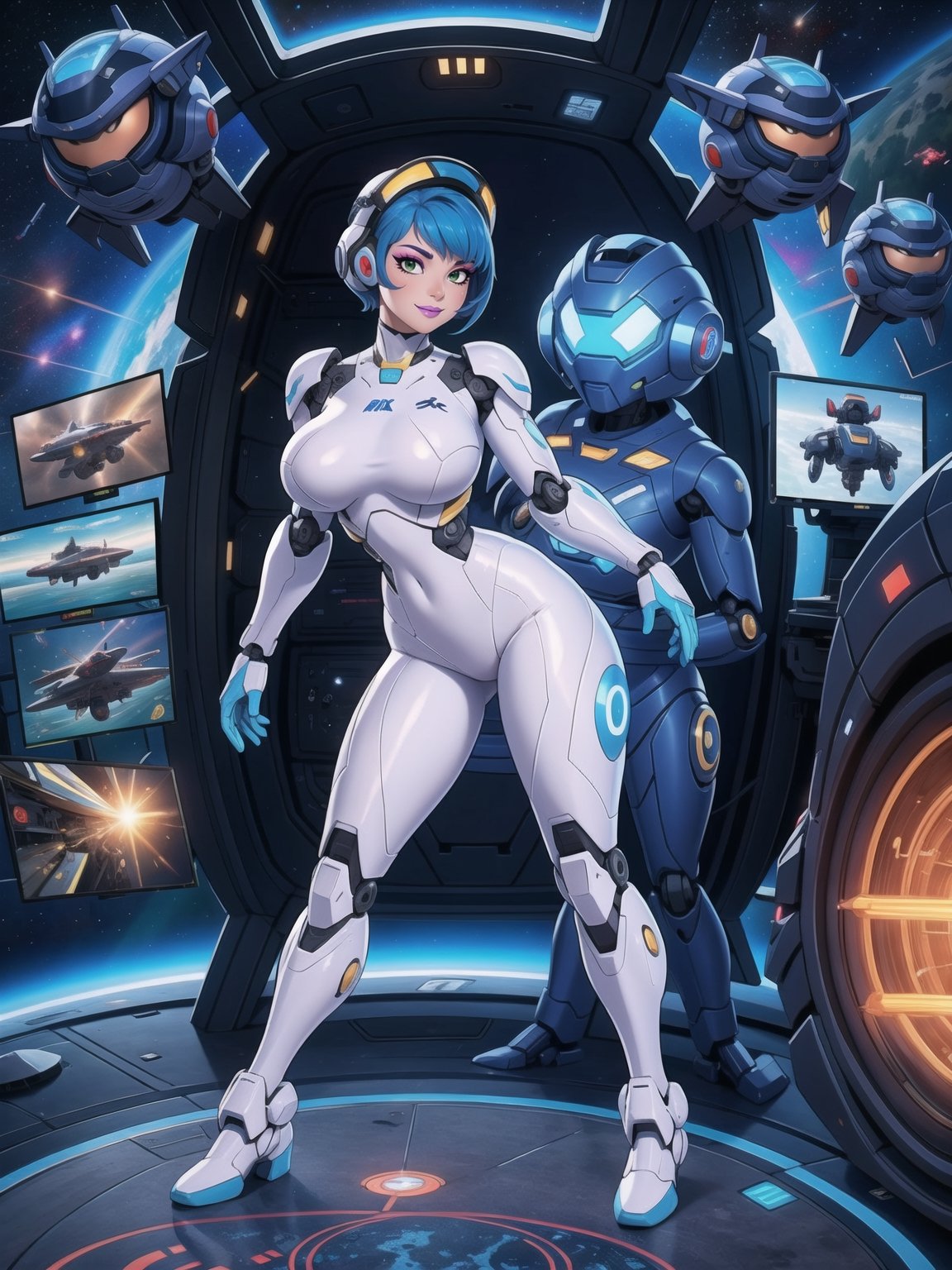 a woman, wearing an all-white mecha suit with blue parts+cybernetic armor+robotic suit, gigantic breasts, wearing a helmet on her head with a visor, blue hair, short hair, mohawk hair, hair with bangs in front of her eyes, looking directly at the viewer, in a space aircraft, with many machines, large structures, computers, windows, elevators, light pipes, robots, ((sensual pose with interaction and leaning on + object+on something + leaning against):1.3), 16K, UHD , unreal engine 5, super metroid, (full body:1.5), quality max, max resolution, ultra-realistic, ultra-detailed, maximum sharpness, perfect_hands, better_hands, more detail,