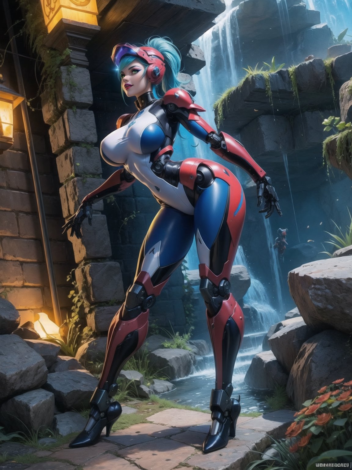 Solo female, ((wearing mecha suit+robotic suit completely white, with blue parts, more yellow lights, suit with attached weapons, gigantic breasts, wearing cybernetic helmet with visor)), mohawk hair, blue hair, messy hair, hair with ponytail, looking directly at the viewer, she is, in a dungeon, with a waterfall, large stone altars, stone structures, machines, robots, large altars of ancient gods, figurines, Super Metroid, ultra technological, Zelda, Final Fantasy, worldofwarcraft, UHD, best possible quality, ultra detailed, best possible resolution, Unreal Engine 5, professional photography, she is (((sensual pose with interaction and leaning on anything+object+on something+leaning against))), better_hands, (full body), More detail