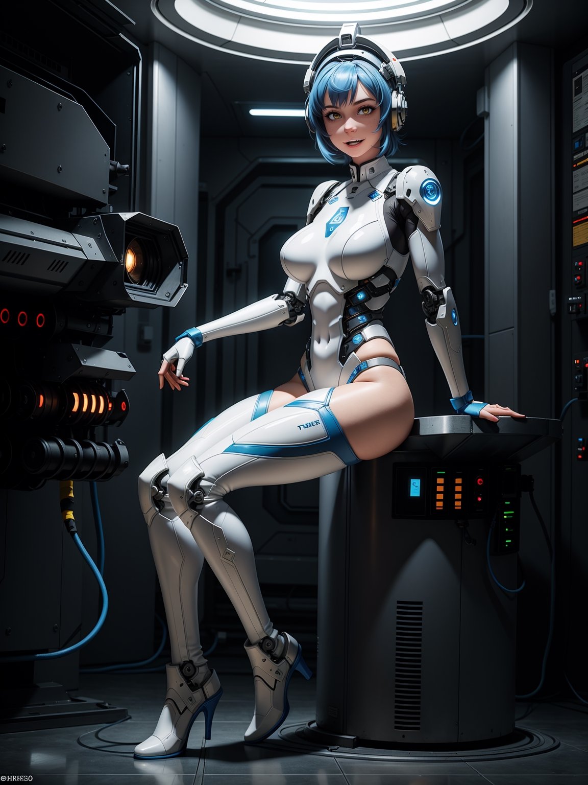 A woman, white robotic suit with blue couplings, suit with circular lights, very tight costume, monstrously giant breasts, blue hair, short hair, hair with ponytail, helmet on the head, looking at the viewer, ((pose interacting and leaning [on something|on an object])), in an aircraft with many machines, equipment, window, ((full body):1.5),  16k, UHD, best possible quality, ultra detailed, best possible resolution, Unreal Engine 5, professional photography, fingers and well-structured hand, well-detailed fingers, well-detailed hand, perfect_hands, perfect