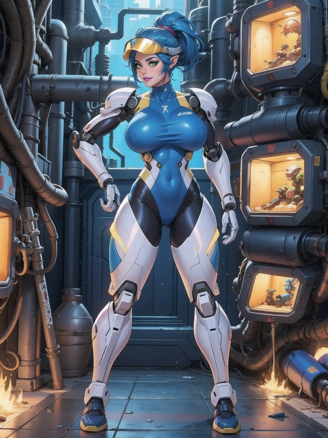 Solo woman, ((wearing mecha suit+all-white robotic suit, with parts in blue, plus yellow lights, suit with attached armaments, gigantic breasts, wearing cybernetic helmet with visor)), mohawk hair, blue hair, messy hair, ponytail hair, looking directly at the viewer, she is, on a mountain, with many monsters, robots, large ancient machines, many stones, 1water, large pillars, stone altars, zelda tears of the kingdom, super metroid, ultra technological, 16K, UHD, best possible quality, ultra detailed, best possible resolution, Unreal Engine 5, professional photography, she is, (((iInteracting and leaning on anything+object+on something+leaning against+sensual pose))), better_hands, ((full body)), More detail