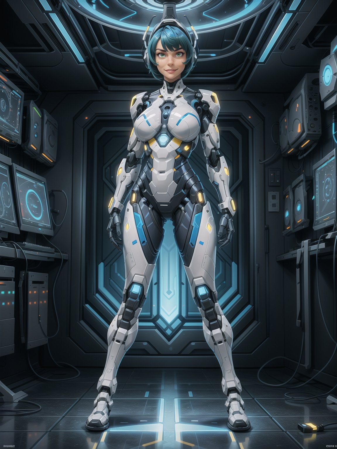 A woman, wearing mecha suit+robotic suit+cybernetizo suit, white+parts in blue+yellow lights, very tight costume on the body, ((gigantic breasts)), blue hair, very short hair, hair with bangs in front of the eyes, is looking at the viewer, ((((action pose with interaction and leaning on anything+object+leaning against)))) in an dungeon, with machines, computers on the walls, control panels, teleportation with interdimensional portal, slimes, aliens with cybernetic armor, ((full body):1.5), 16k, UHD, maximum quality, maximum resolution, ultra-realistic, ultra-detailed, perfect_hands , Furtastic_Detailer, Goodhands-beta2,