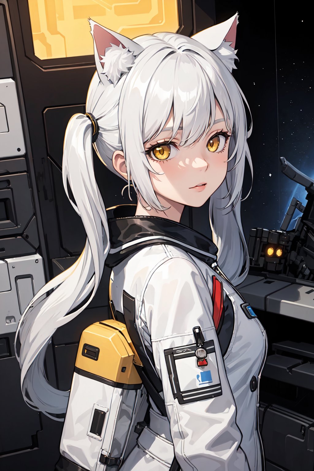 masterpiece, best quality, 1girl, spacecraft interior, spacesuit, upper body, from side, science fiction, yellow eyes, twintails, silver hair, cat ears, looking at viewer,
