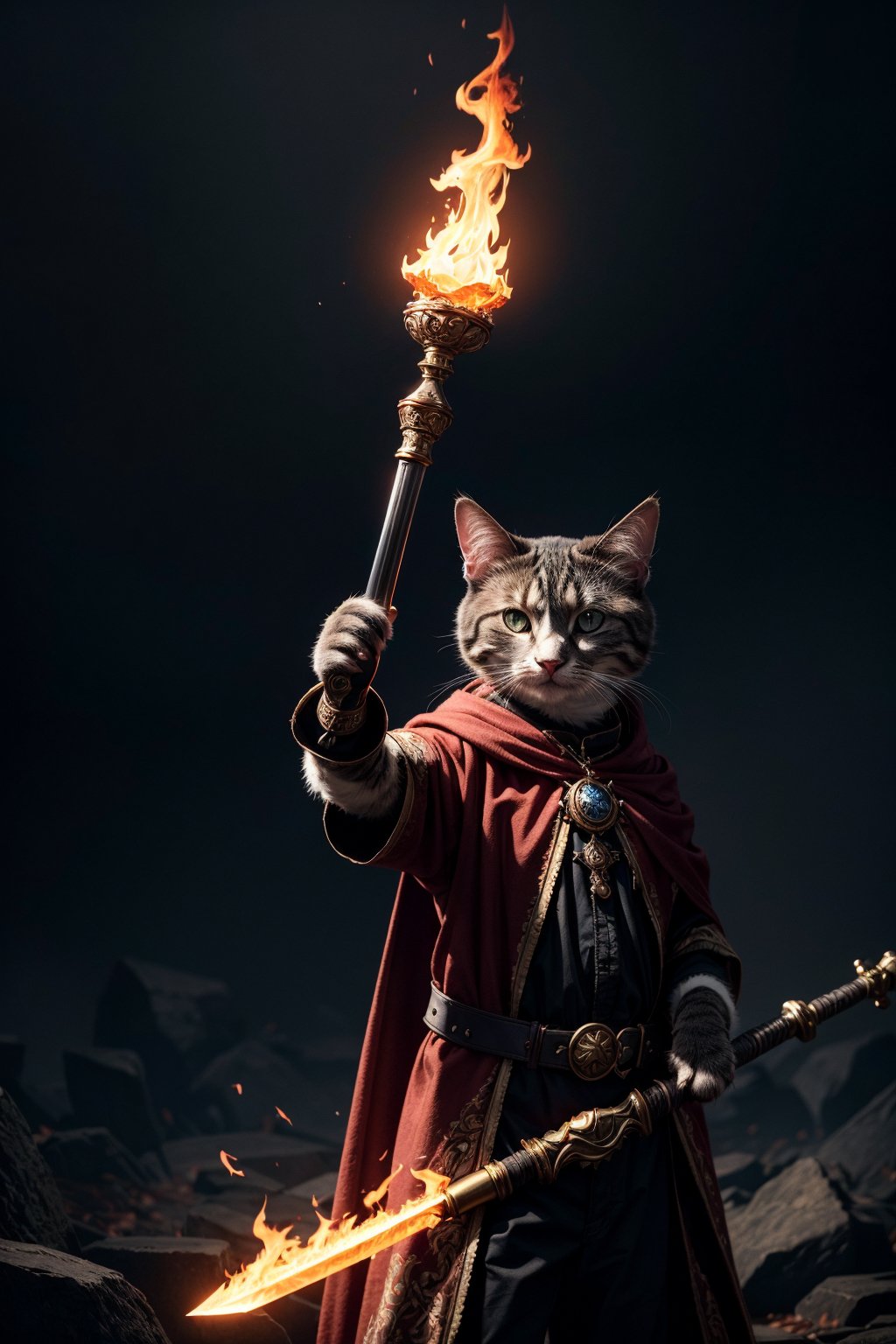 ((photo:1.2)), A cute cat mage, glowing fire sword, staff, dramatic lighting, dynamic pose, dynamic camera,masterpiece, best quality, dark shadows, ((dark fantasy)), detailed, realistic, 8k uhd, high quality