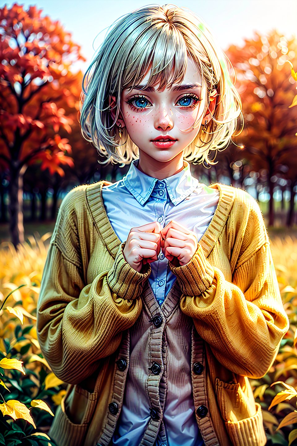 1girl, [thin face:0.8], (blushing), Fulfilled, Delighted, Happy, (yellow cardigan:1.3), young beautiful girl, (shiny skin:1.2), beautiful skin, (pupils sparkling), (white hair), wind blow, scattering of light, BREAK, (autumn, maple leaves, yellow field:1.2), BREAK, (soft focus:1.2) on the Foreground, (Bokeh-filled Foreground:1.3), Shallow Depth of Field, Delicate Blur, Subtle Transitions, Depth and Atmosphere, masterpiece,ultra realistic,32k,extremely detailed CG unity 8k wallpaper, best quality