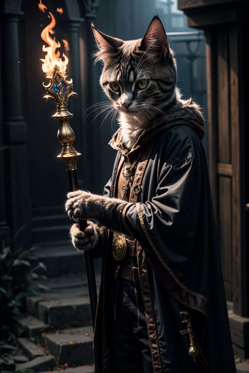 ((photo:1.2)), A cute cat mage, glowing fire sword, staff, dramatic lighting, dynamic pose, dynamic camera,masterpiece, best quality, dark shadows, ((dark fantasy)), detailed, realistic, 8k uhd, high quality