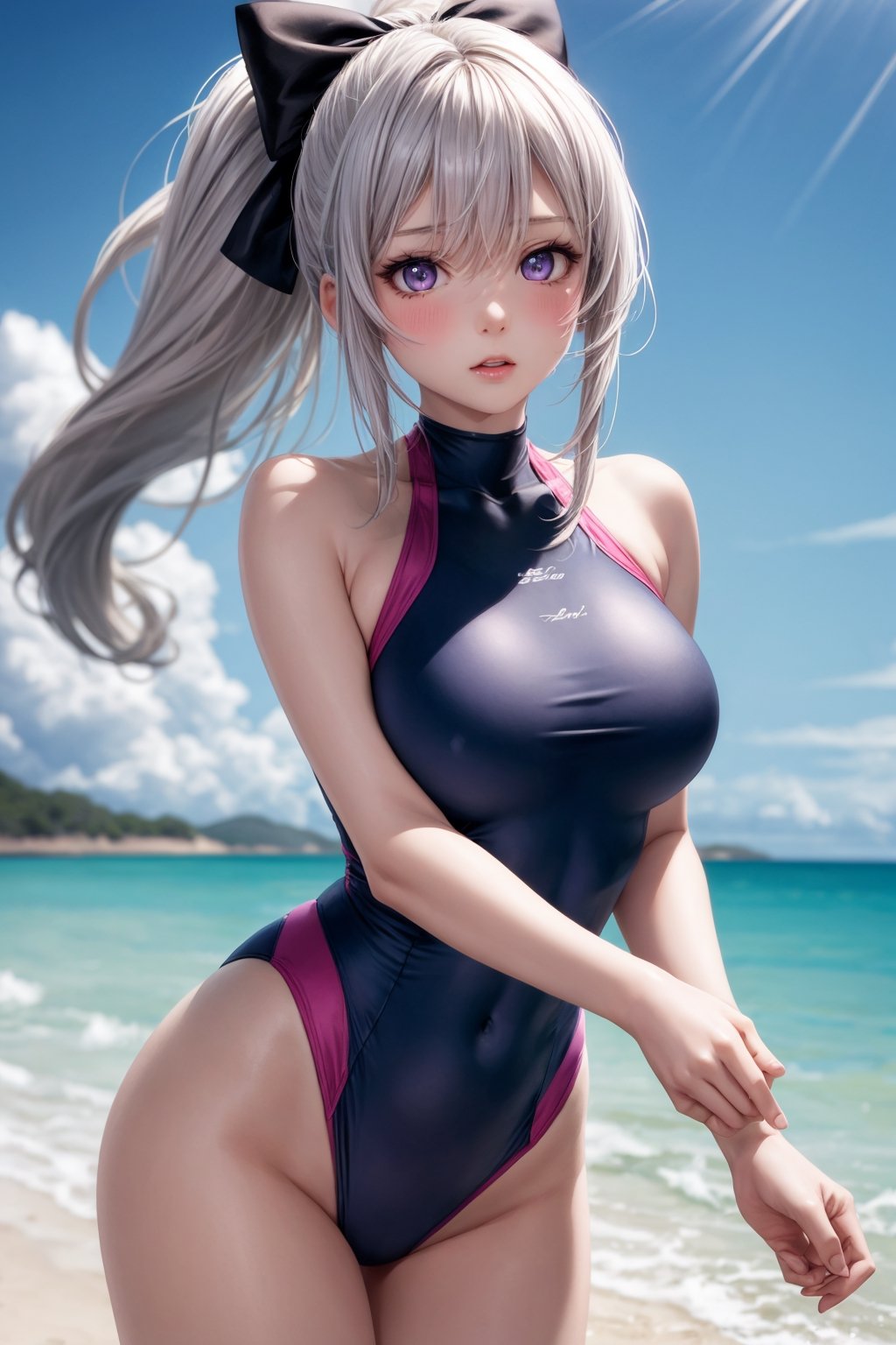 (masterpiece, best quality), 2girl,  beautiful face,   miyako_bluearchive, long_hair, halo, purple_eyes, white_hair, bangs, bow, blush, hair_bow, ponytail, swimsuit, one-piece_swimsuit, breasts, grey_hair