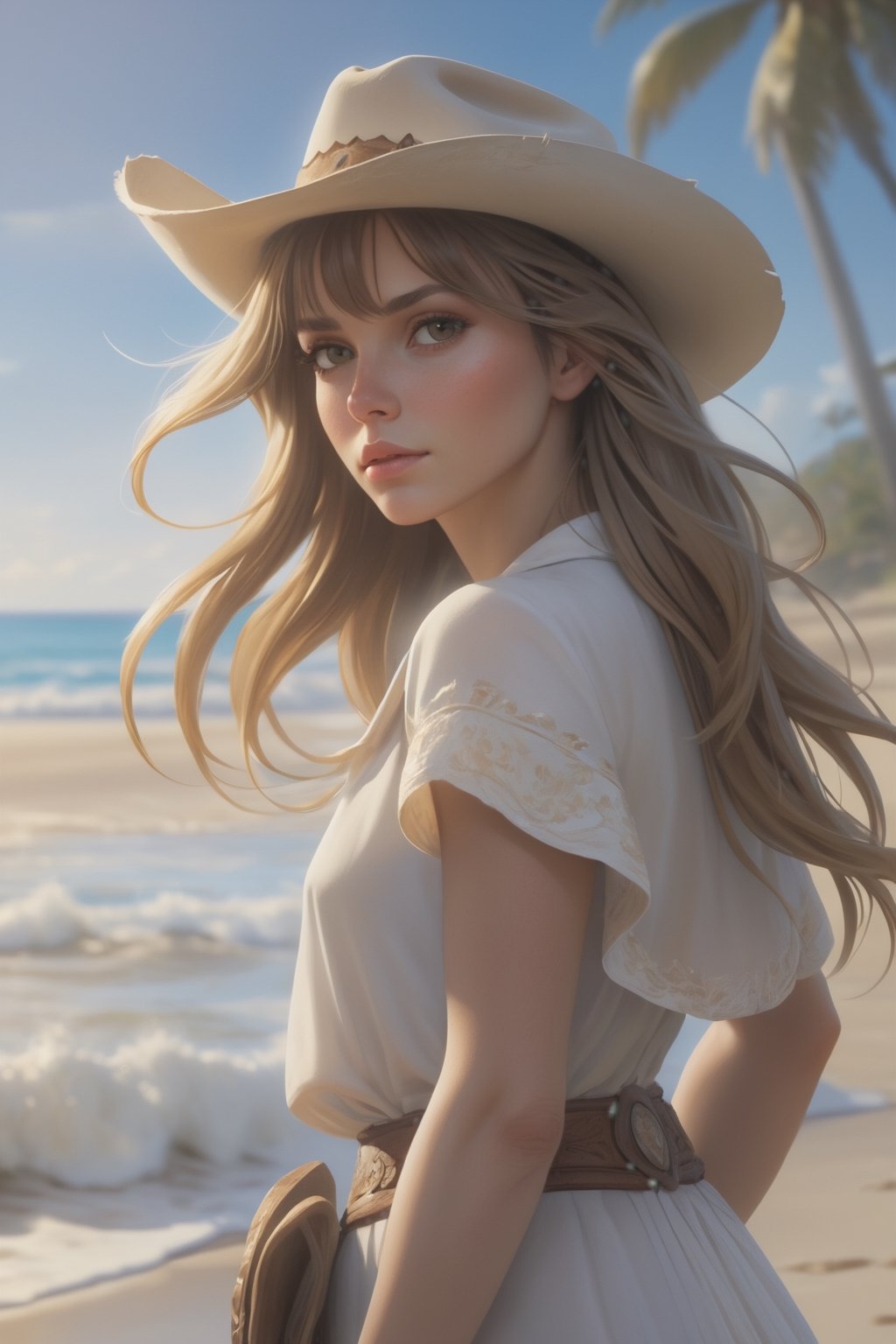 masterpiece, best quality, highres, 1girl, mad1sonbeer, cowboy shot, swept bangs, long hair, dreamlike diffuse ethereal lighting, island, beach, solo focus, 