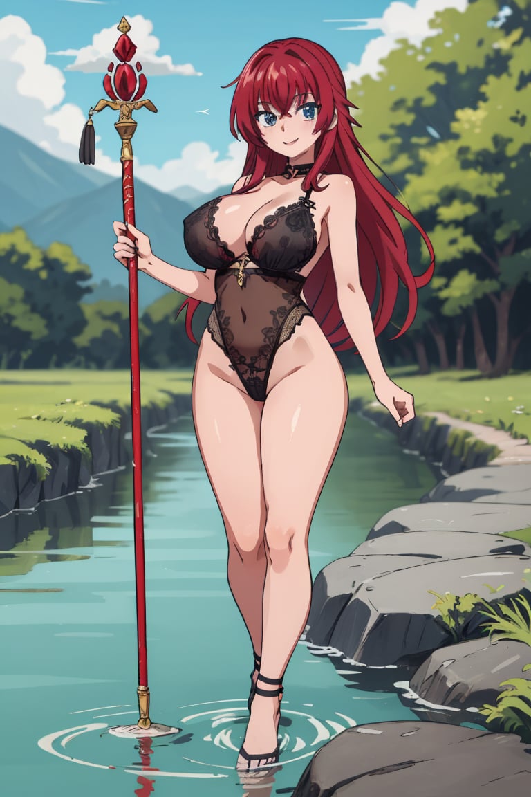 (Masterpiece, Best Quality, Anime girl, High Resolution, 8K Raw), beautiful and detailed face , Smiling, Looking At Viewer, Full Body, Light, 1 Girl, Solo,  (black lingerie ), Beautiful Young Girl, 18 Years Old, (Long Hair, Red Hair, Bangs:1.3), Big Breasts, ((black undear)), girl with a magic staff walking next a river, mature_female