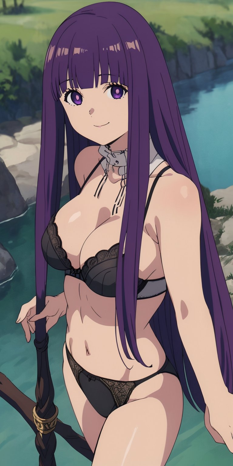 (Masterpiece, Best Quality, Anime girl, High Resolution, 8K Raw), Smiling, Looking At Viewer, Upper Body, Light, 1 Girl, Solo,  (black lingerie ),( black underwear), Beautiful Young Girl, 18 Years Old, (Long Hair, Purple Hair, Bangs:1.3), Big Breasts, ((black undear)), girl with a magic staff walking next a river, mature_female