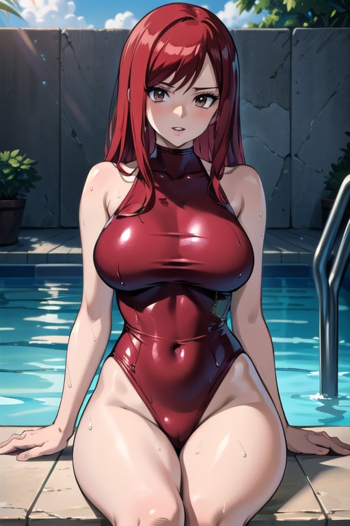 masterpiece, absurdres , (intricate details), cinematic lighting,bust shot,extremely detailed CG unity 8k wallpaper, erza scarlet, red hair, one-piece swimsuit, sunlight, parted lips, looking at viewer, poolside, leaning back, arm support,wet