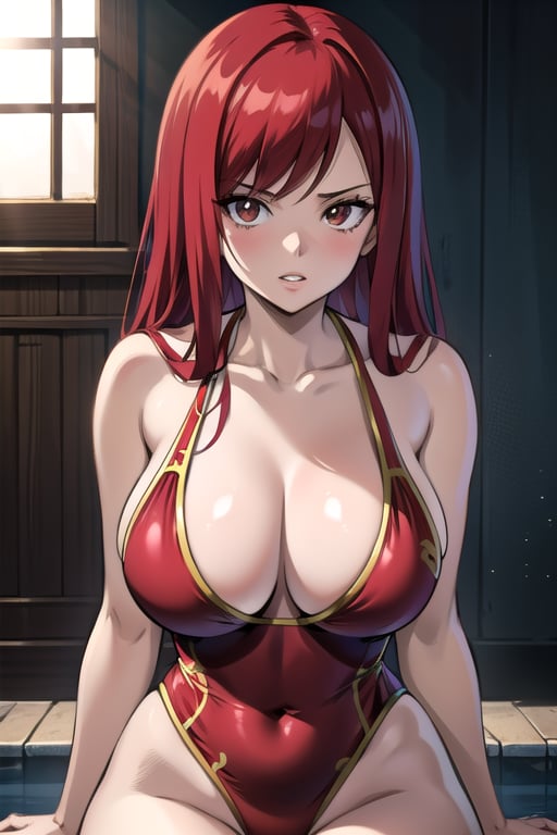 masterpiece, absurdres , (intricate details), cinematic lighting,bust shot,extremely detailed CG unity 8k wallpaper, erza scarlet, red hair, one-piece swimsuit, sunlight, parted lips, looking at viewer, dynamic pose