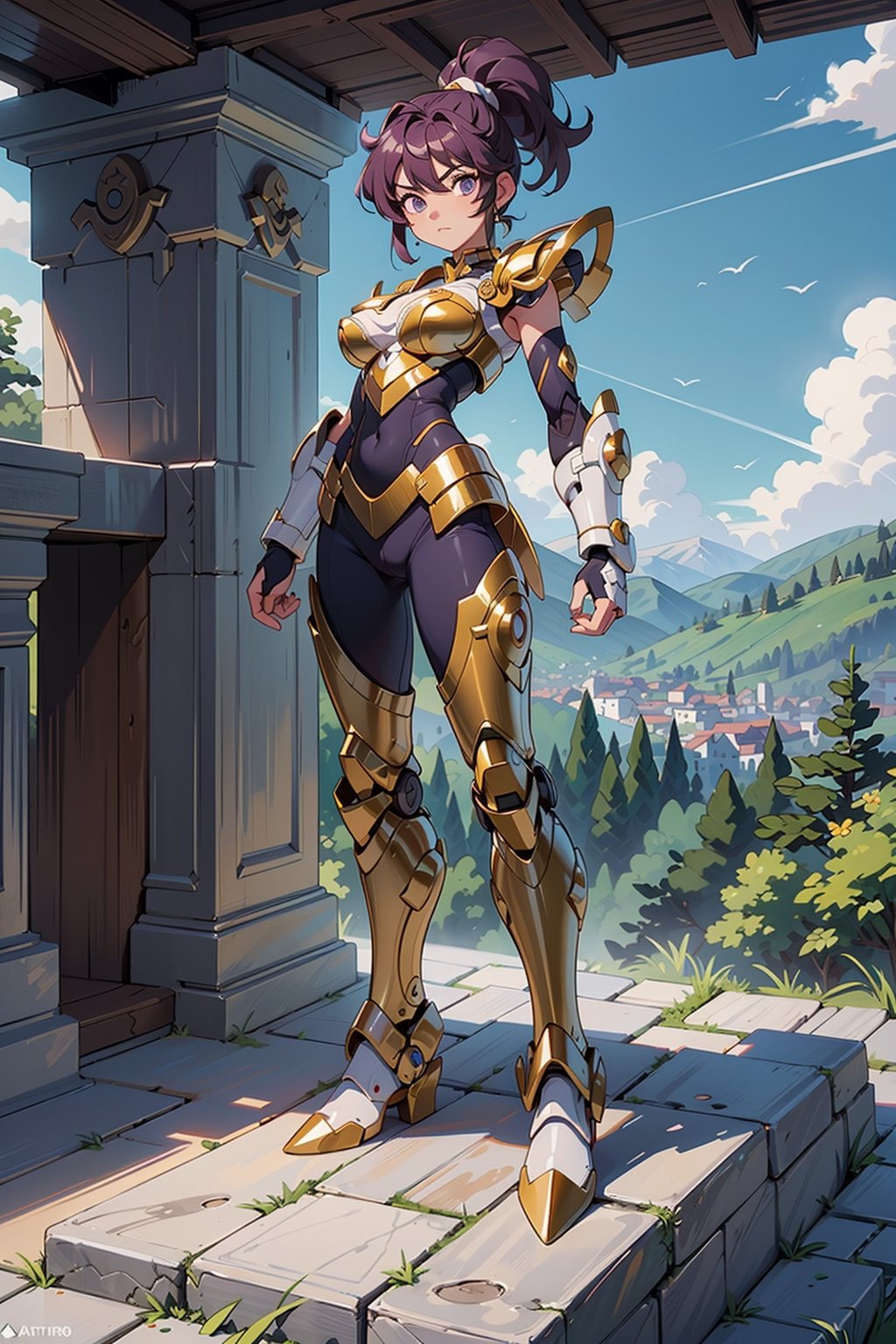 A girl, wearing gold armor+robotic suit, extremely large breasts, purple hair, short hair, hair with ponytail, hair with bangs covering the eye, no helmet on the head, (((staring at the viewer, pose interacting and leaning [on something| on an object]))), in an ancient Greek temple in the mountains, with various alters, structures, marble statues, beautiful landscape, ((full body):1.5), 16k, UHD, best possible quality, ultra detailed, best possible resolution, Unreal Engine 5, professional photography, well-detailed fingers, well-detailed hand, perfect_hands, ((saint seiya style, mecha style)), action pose, sexy,
prado verde con flores y arboles al fondo junto a un castillo en una montaña, cielo despejado con pocas nubes y soleado,leoarmor
