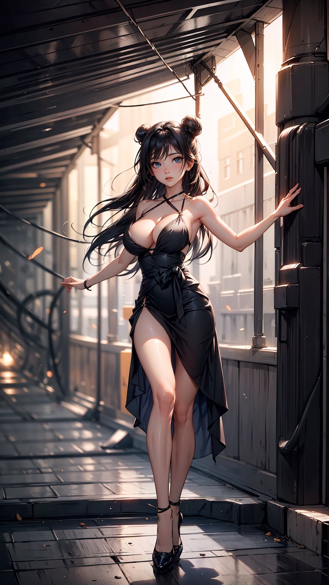 (hyper detailed, high resolution, best shadows), black background, 1woman, black hair, long hair, hair-past-waist, hair in a bun, big breasts, SXY Draped Criss Cross Dress, hightheels, beautiful face, smooth body, perfect legs, blue eyes, almond eyes, ((full_body))