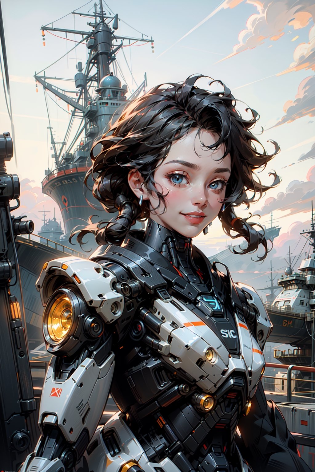 Sci-Fi , 1 pretty cyborg Girl with cheeky grin . Weather is clear almost sunset  . Background has sports car and 2 floating ships ,{(little robot)}, {(solo)}, upper body , {(complex, Machine background ,futuristic car and floating ships outdoors background, Mecha Transport parts)}