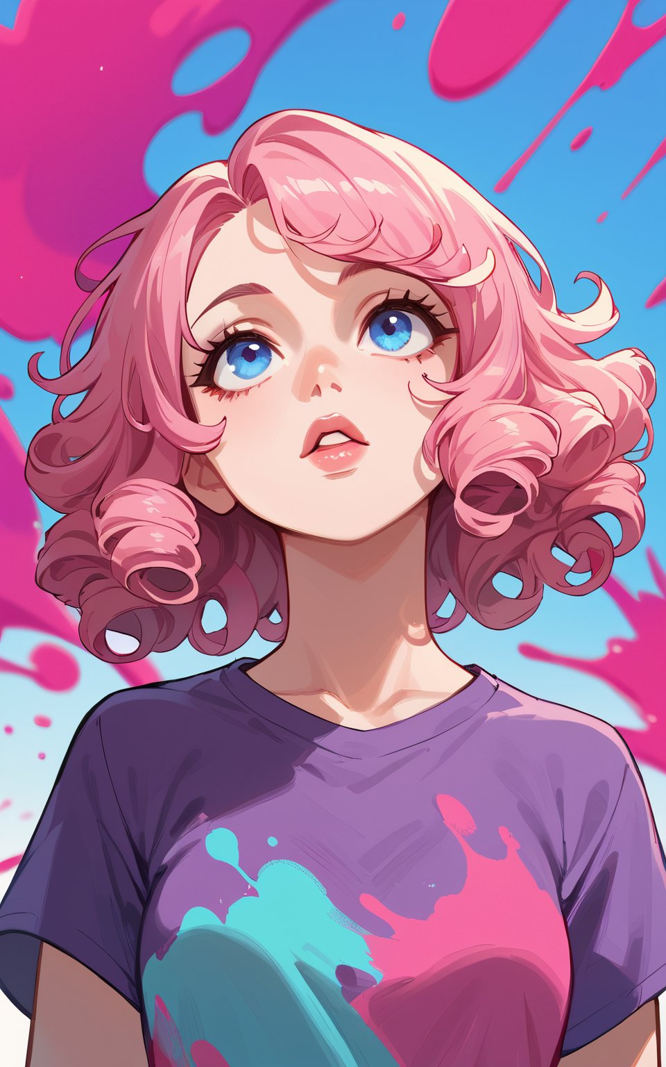 score_9,score_8_up,score_7_up, 1girl,short hair,blue eyes,pink hair,shirt,upper body,parted lips,lips,looking up,curly hair,purple shirt,colorful,paint splatter