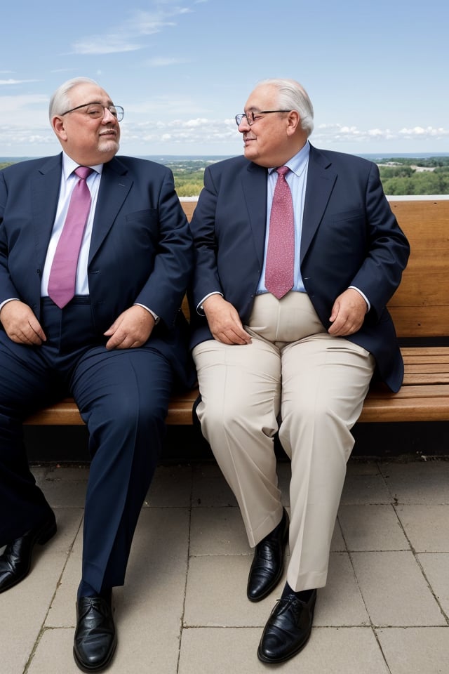 portrait of two old men, holding hands, one shorter than the other, one fatter than the other, dressed in suits, in a cafe, summer sky, drop shadow