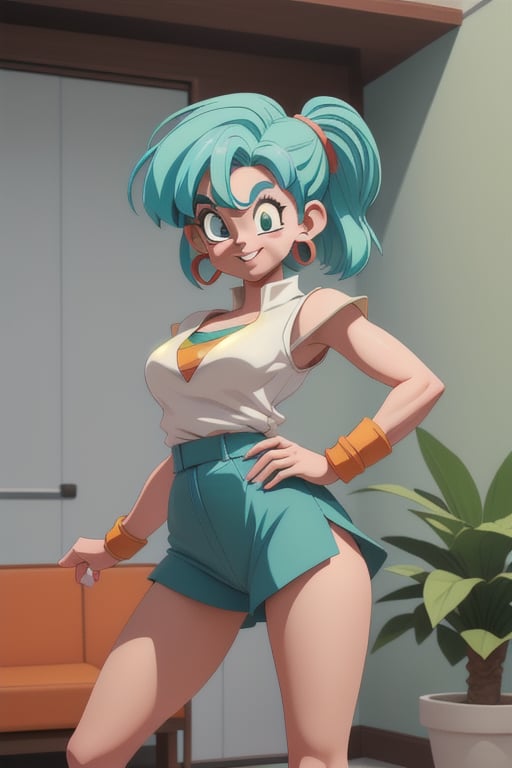 (Bulma:1.2,Dragon Ball Z:1.1), em pose sensual, olhando para trás com um sorriso provocante, fazendo limpeza em sua casa em uma tarde quente de verão. Vestindo uma roupa curta e apertada, mostrando suas curvas invejáveis. O sol entra pela janela criando sombras sensuais, destacando suas pernas esguias. O ambiente é aconchegante e bem decorado, com plantas e objetos de decoração bem escolhidos.