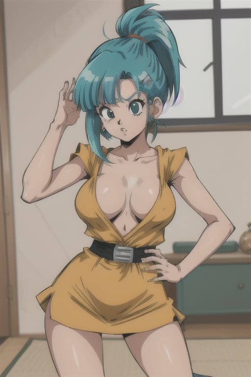 Bulma - dragon ball z, de roupa curta apertada, fazendo limpeza em casa, em pose sensual