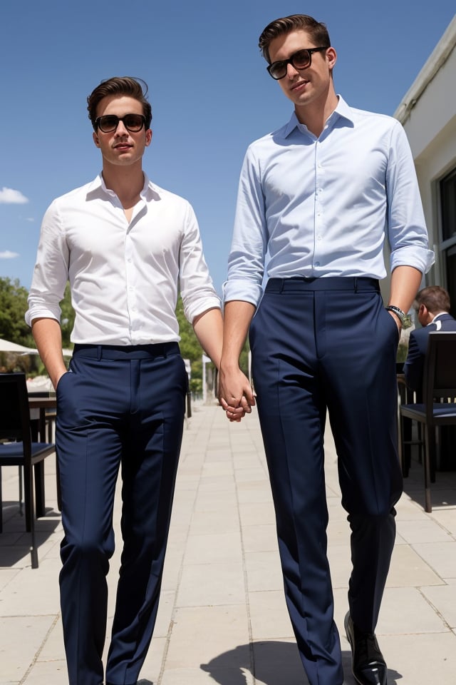 portrait of two men holding hands, one shorter than the other, dressed in suits, in a cafe, summer sky, drop shadow