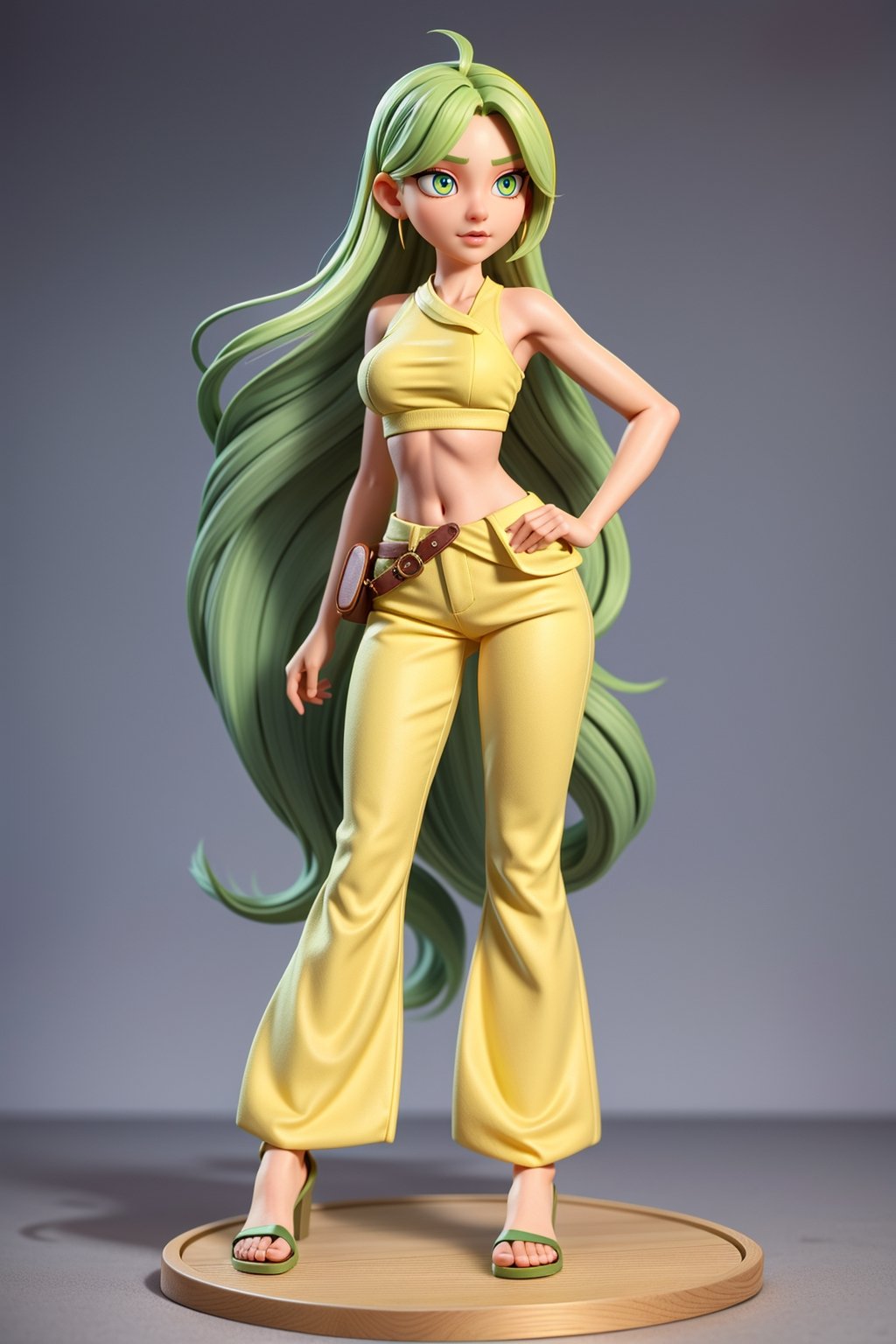 1girl: long green hair over eyes, (yellow eyes); Body: (small body structure, Medium torso, small hips); Clothing: (long and wide pants), cloudstick