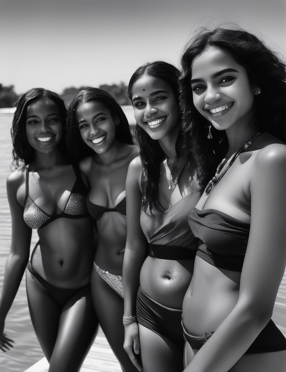 (best quality, B&W Vintage, ultra-detailed, photorealistic: 1.37) group of beautiful girls ((Brazilian, African, Indian, Arab)) having fun together ((sensually)) in a lake, ((front view)), , detailed skin , happy, smiling expressions, ((full nudity)), dirty trash water, ((deep brown eyes)), ((perfect face)), ((smiles)), perfect anatomy, big ass, mountains everywhere, sensual poses, ((128k)), ultra-HD, soft and diffuse lighting, masterful piece, natural light, bright light, flawless complexion, radiant beauty, natural beauty, portraits, studio lighting, vivid colors, bright color scheme and warm, soft, soft lighting, stunning highlights, dreamy atmosphere, subtle shadows, aesthetic appeal, striking features, delicate facial structure, enchanting expression, master part: 1.2, 