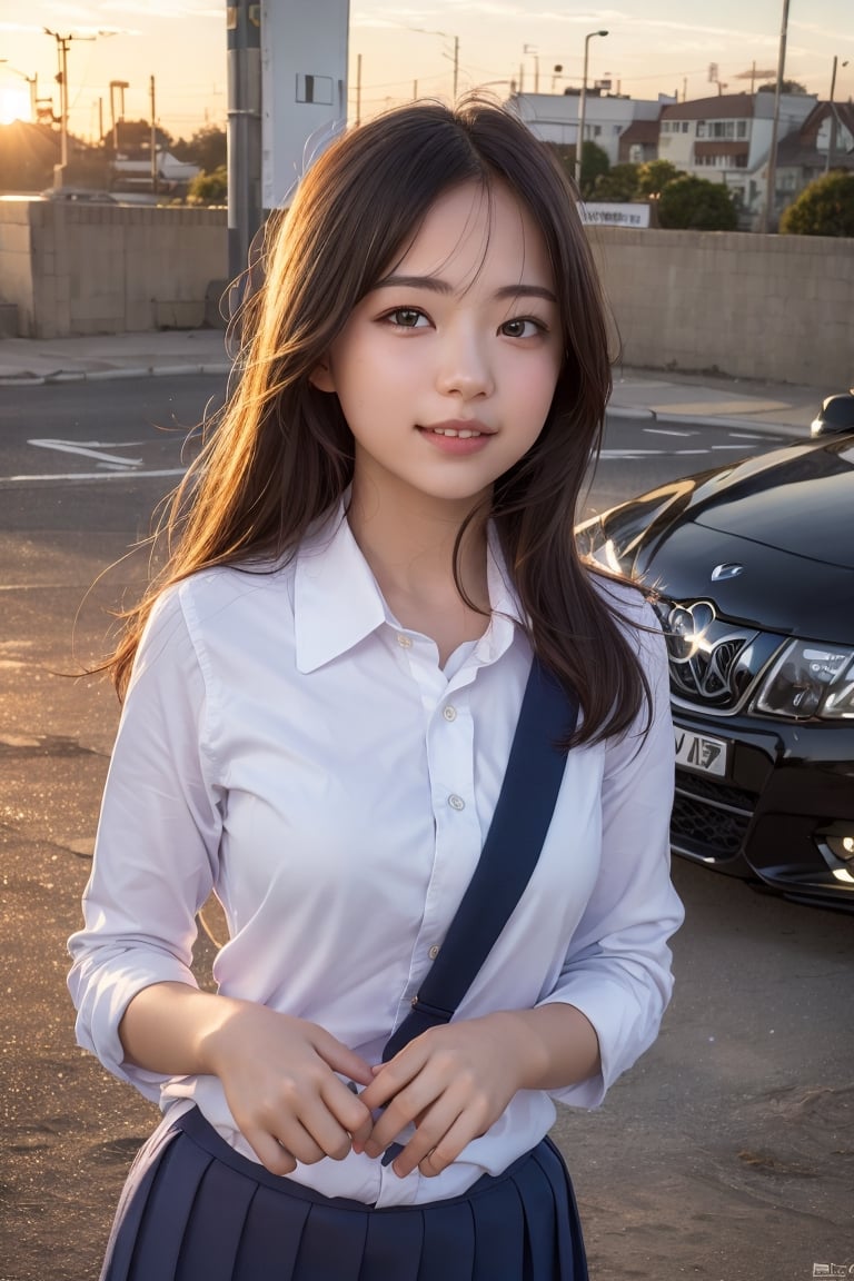 (photorealistic:1.4),beautiful young woman, school uniform,
sunset, happy, uplight
car
