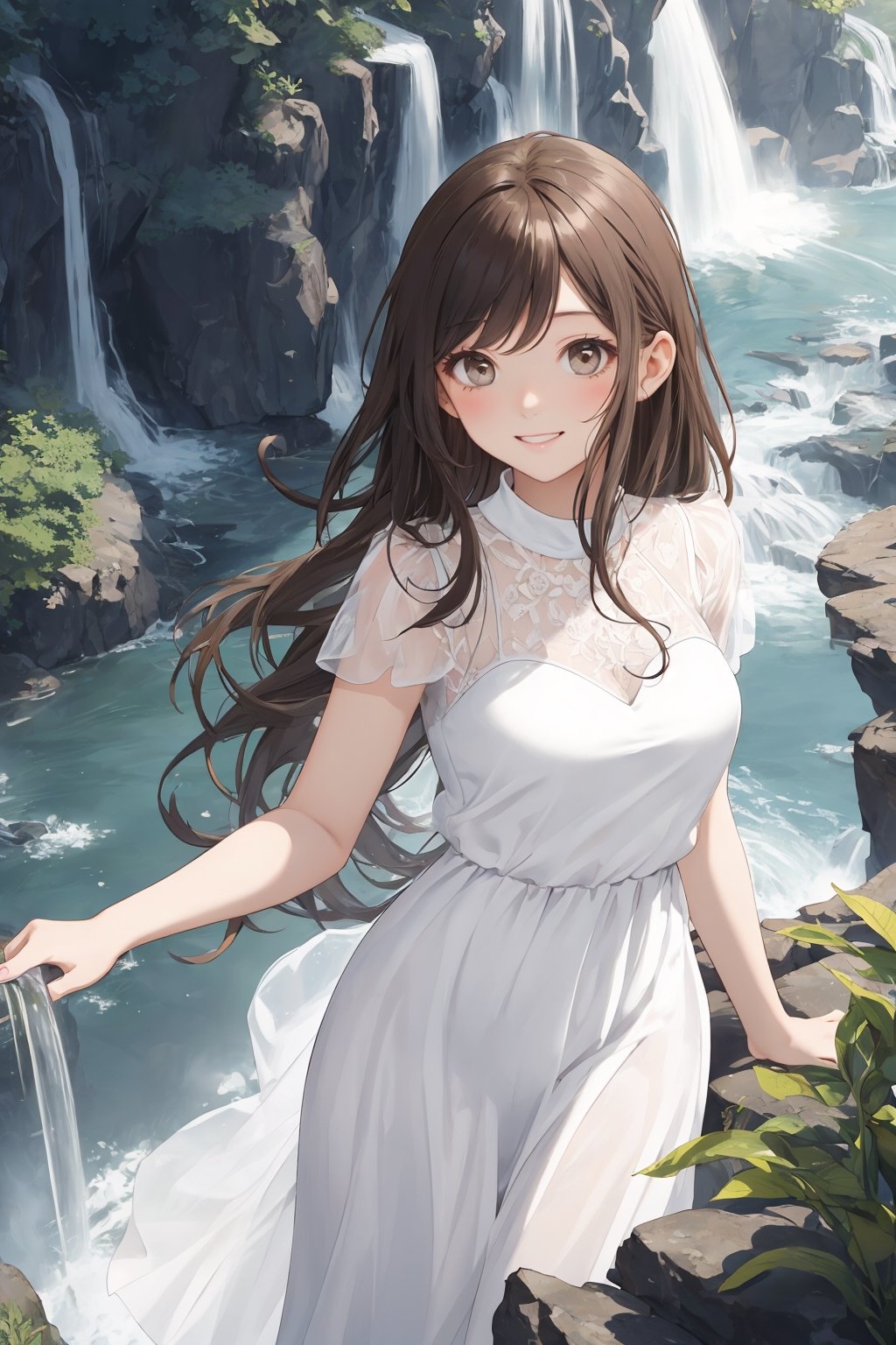 waterfall beautiful girl happy, clear white dress, longhair , brown hair