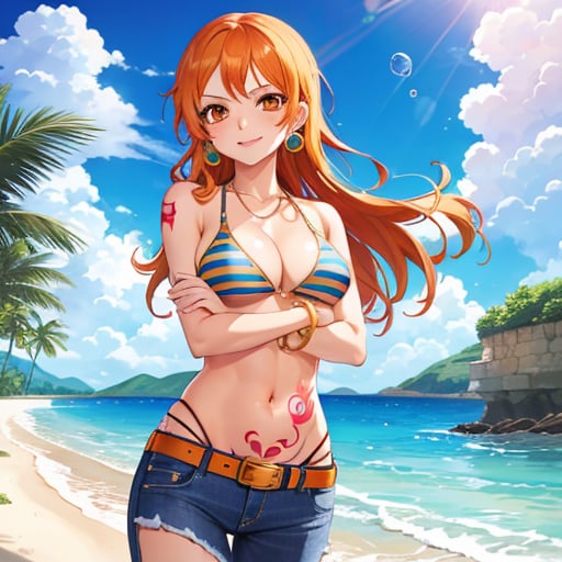 nami \(one piece\), 1girl, bangle, bangs, bare shoulders, belt, bikini, bikini top only, blue sky, bracelet, breasts, brown eyes, bubble, cleavage, cloud, cowboy shot, day, denim, earrings, floating hair, green belt, green bikini, groin, jeans, jewelry, large breasts, log pose, long hair, looking at viewer, navel, orange hair, pants, shoulder tattoo, sidelocks, sky, smile, solo, standing, stomach, swimsuit, tattoo , ((masterpiece)) 
,{{{{Nami (One Piece)}}},((Nami)),bikini, arms, 1girl, breast, arm tattoo, arms under breasts, belt, bikini top only, bracelet, cleavage, crossed arms, denim, indoors, jeans, jewelry, large breasts, lips, long hair, looking at viewer, navel, orange eyes, orange hair, pants, shoulder tattoo, solo, standing, striped, striped bikini, swimsuit, tattoo, underboob