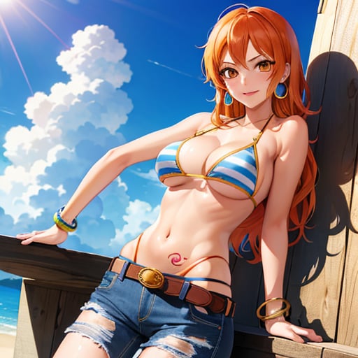 nami \(one piece\), 1girl, bangle, bangs, bare shoulders, belt, bikini, bikini top only, blue sky, bracelet, breasts, brown eyes, bubble, cleavage, cloud, cowboy shot, day, denim, earrings, floating hair, green belt, green bikini, groin, jeans, jewelry, large breasts, log pose, long hair, looking at viewer, navel, orange hair, pants, shoulder tattoo, sidelocks, sky, smile, solo, standing, stomach, swimsuit, tattoo , ((masterpiece)) 
,{{{{Nami (One Piece)}}},((Nami)),bikini, arms, 1girl, breast, arm tattoo, arms under breasts, belt, bikini top only, bracelet, cleavage, crossed arms, denim, indoors, jeans, jewelry, large breasts, lips, long hair, looking at viewer, navel, orange eyes, orange hair, pants, shoulder tattoo, solo, standing, striped, striped bikini, swimsuit, tattoo, underboob