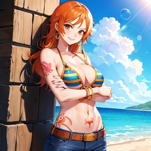 nami \(one piece\), 1girl, bangle, bangs, bare shoulders, belt, bikini, bikini top only, blue sky, bracelet, breasts, brown eyes, bubble, cleavage, cloud, cowboy shot, day, denim, earrings, floating hair, green belt, green bikini, groin, jeans, jewelry, large breasts, log pose, long hair, looking at viewer, navel, orange hair, pants, shoulder tattoo, sidelocks, sky, smile, solo, standing, stomach, swimsuit, tattoo , ((masterpiece)) 
,{{{{Nami (One Piece)}}},((Nami)),bikini, arms, 1girl, breast, arm tattoo, arms under breasts, belt, bikini top only, bracelet, cleavage, crossed arms, denim, indoors, jeans, jewelry, large breasts, lips, long hair, looking at viewer, navel, orange eyes, orange hair, pants, shoulder tattoo, solo, standing, striped, striped bikini, swimsuit, tattoo, underboob