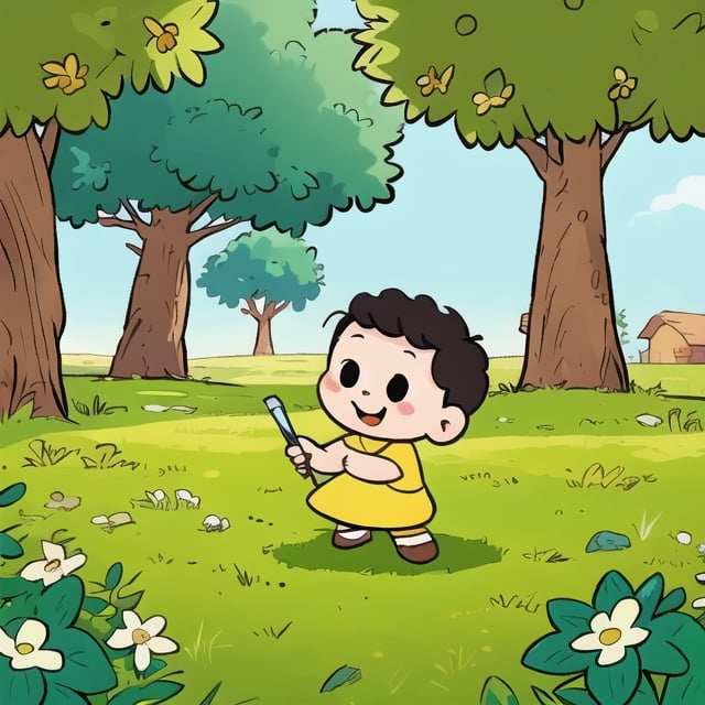 boy,happy, black eyes, grass field, trees in background, hand draw,



,cute comic,chibi avatar