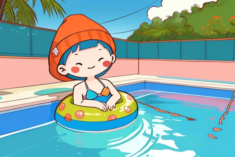 chibi vatar,cutestickers,relaxing,piscina,bikini,cozy,lofi, full view,landscape,background