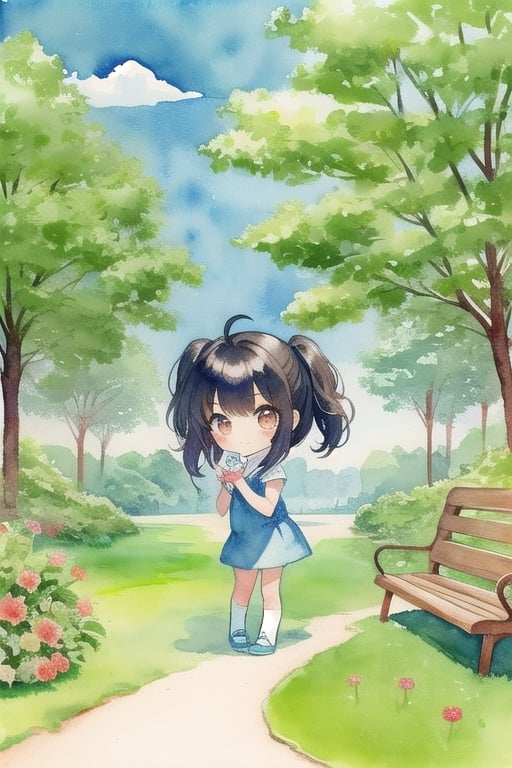 chibi avatar,cutestickers, girl in a park,watercolor,80s,