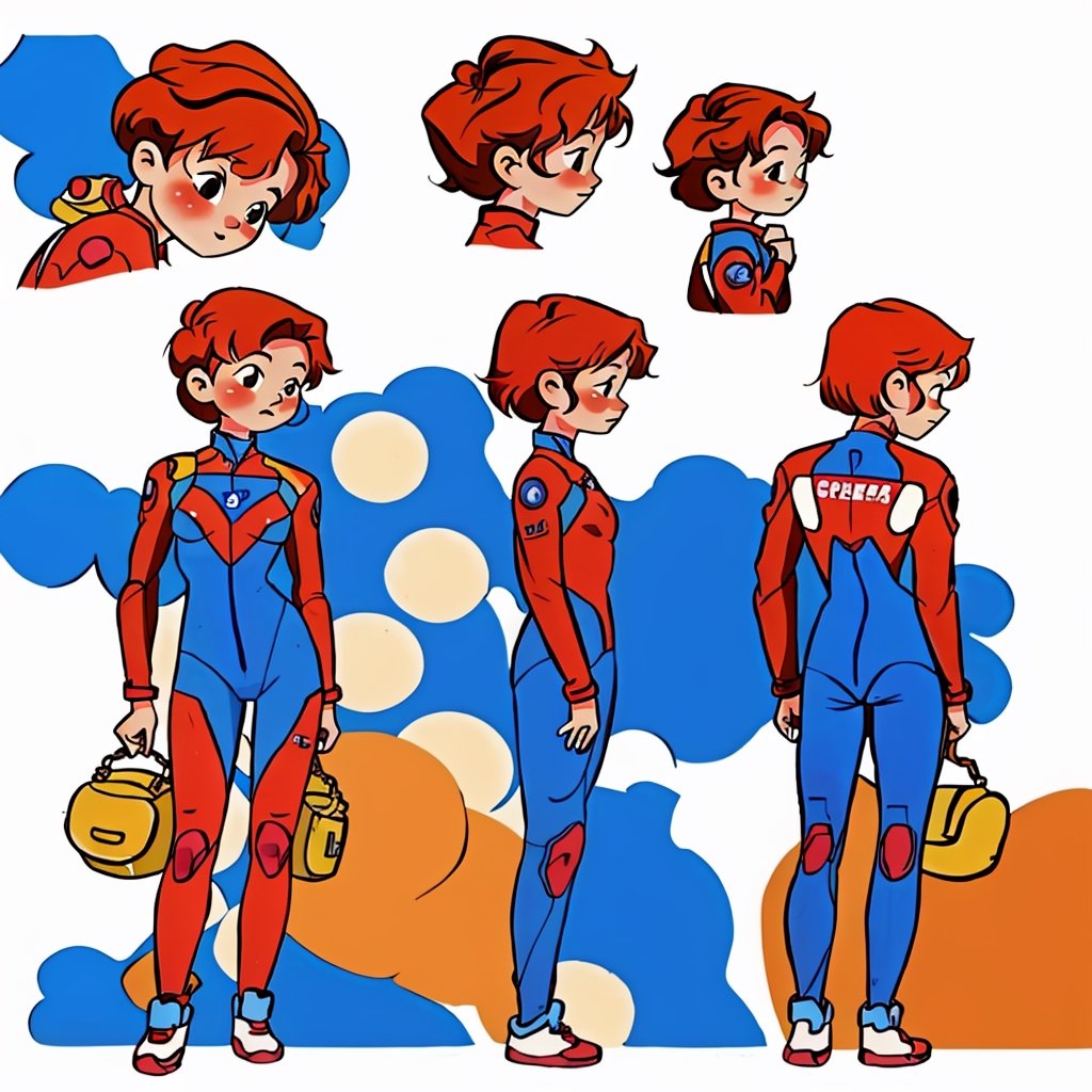 (best quality), masterpiece,  chibi avatar,1990s \(style\), girl,red short hair, character sheet, model sheet, multiple views of the same character, swinsuit