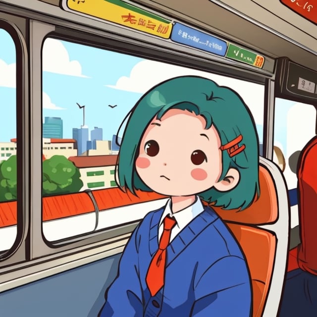 (best quality),masterpiece,girl, ,SAM YANG,STICKERS ,chibi avatar, headhoes, bus, sitting  the bus, window,city,sunset,{{ green hair}}, hair clip, short hair, shoulder hair,  bust shot, red eyes, highlight o eyes, colored hair, small nose, rose cheeks, expressive eyebrowns, formal shirt, tie, city pass the window,looking at window,side view face, white formal shirt, blue tie, red seat, completely peacefull, soft smile